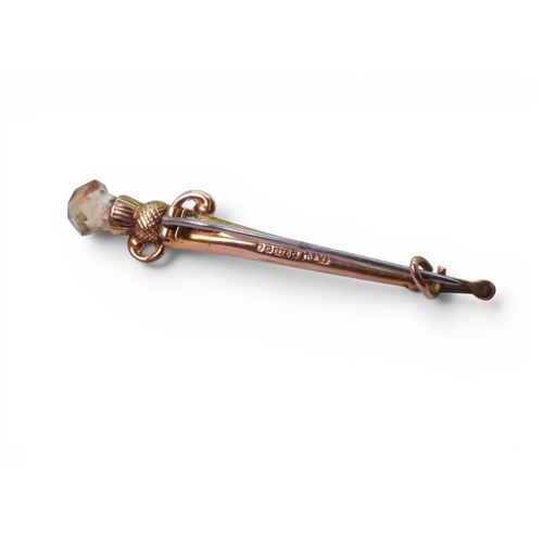 717 - Two 9ct gold sword brooches set with Scottish agates, both with Birmingham hallmarks for 1849, Lengt... 