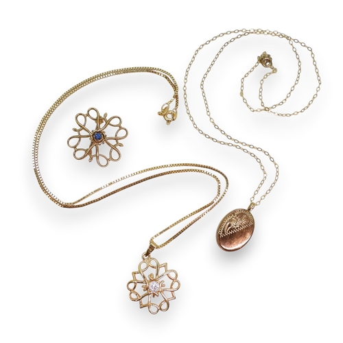 723 - Two Avon long service awards, of a gem set pendant and brooch, together with a locket and two chains... 