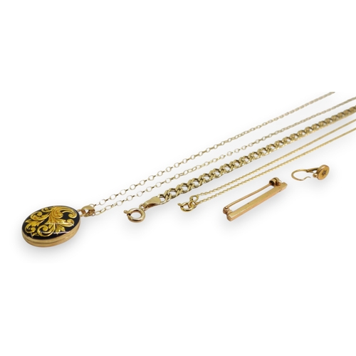 727 - A 9ct gold 45cm chain with a 9ct locket, further items stamped 9ct 46cm, chain, a fancy curb link br... 