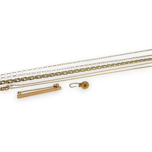 727 - A 9ct gold 45cm chain with a 9ct locket, further items stamped 9ct 46cm, chain, a fancy curb link br... 