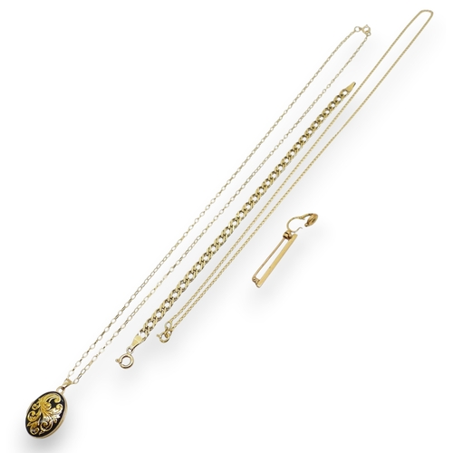727 - A 9ct gold 45cm chain with a 9ct locket, further items stamped 9ct 46cm, chain, a fancy curb link br... 