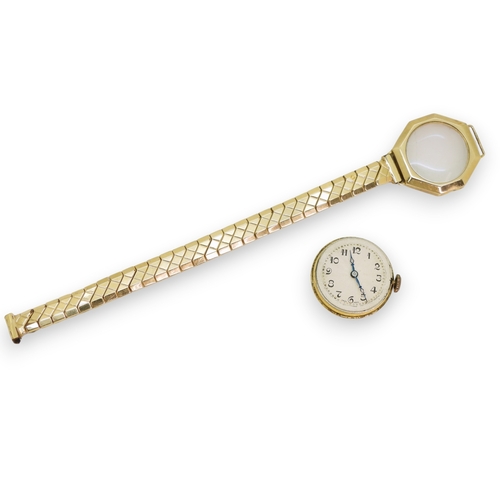 730 - A 9ct gold ladies vintage watch head, approx weight 3.8gms, without mechanism and strap.