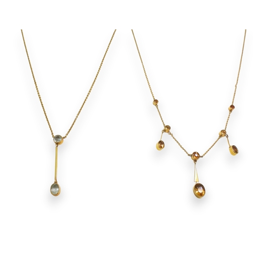 732 - A 9ct gold citrine pendant length 42cm, together with an aquamarine drop necklace, length 39cm, weig... 
