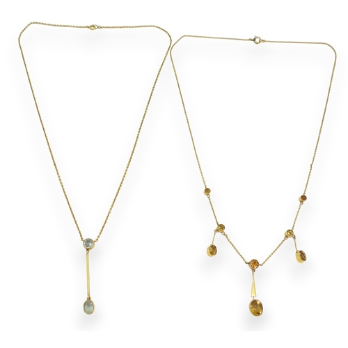 732 - A 9ct gold citrine pendant length 42cm, together with an aquamarine drop necklace, length 39cm, weig... 