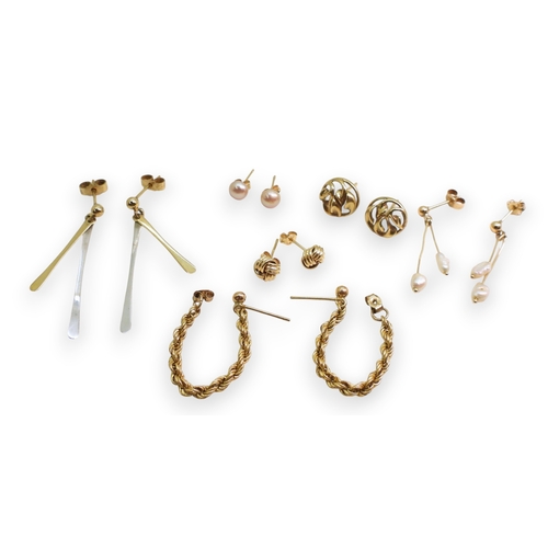 733 - Six pairs of 9ct gold and yellow metal earrings, some pearl set, weight 5.8gms