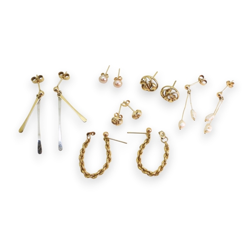 733 - Six pairs of 9ct gold and yellow metal earrings, some pearl set, weight 5.8gms