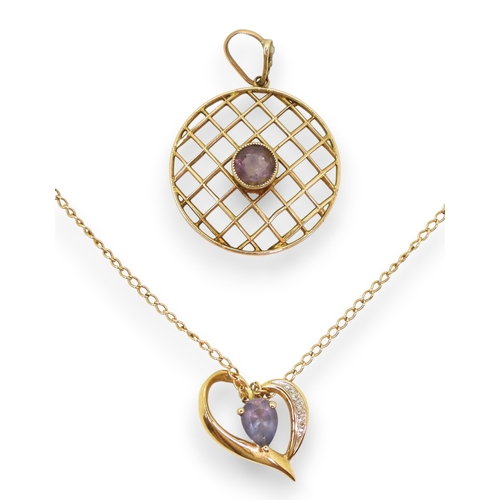 735 - A 9ct gold tanzanite and diamond accent heart shaped pendant and chain, together with a yellow metal... 
