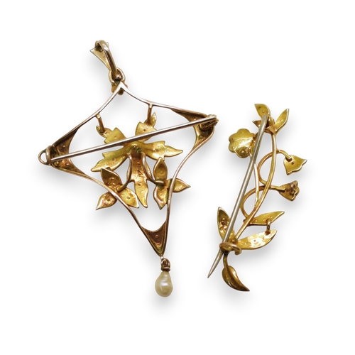 737 - A yellow metal pearl set Edwardian pendant, together with a 9ct gold pearl set flower brooch, weight... 