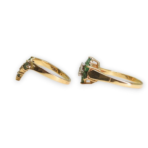 738 - A 9ct gold emerald and diamond accent flower ring, size Q, together with a 9ct 'V' shaped ring set w... 