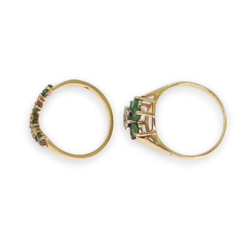 738 - A 9ct gold emerald and diamond accent flower ring, size Q, together with a 9ct 'V' shaped ring set w... 
