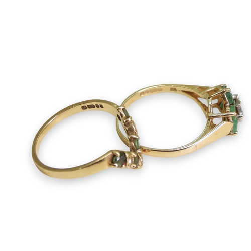 738 - A 9ct gold emerald and diamond accent flower ring, size Q, together with a 9ct 'V' shaped ring set w... 