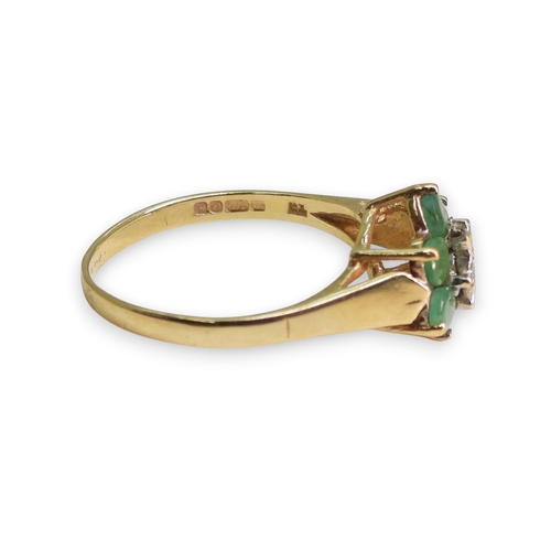 738 - A 9ct gold emerald and diamond accent flower ring, size Q, together with a 9ct 'V' shaped ring set w... 