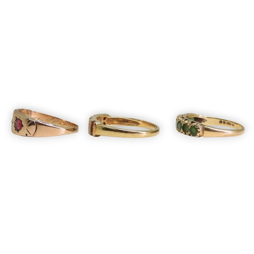 748 - A 9ct gold ruby and diamond vintage ring, size N, A 9ct gold ruby and diamond linear cluster, size O... 