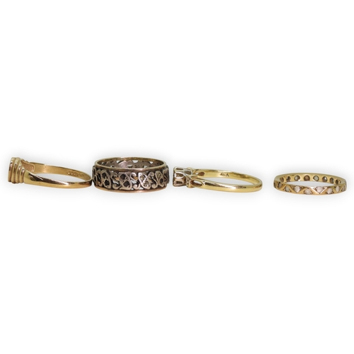 757 - A 9ct signet ring, size O1/2, a yellow metal clear gem set eternity ring, size J1/2, a 9ct gold diam... 