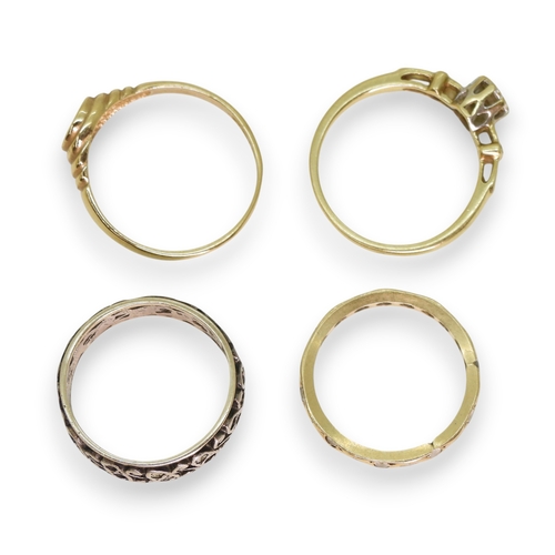 757 - A 9ct signet ring, size O1/2, a yellow metal clear gem set eternity ring, size J1/2, a 9ct gold diam... 