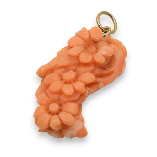 758 - A yellow metal mounted flower carved coral pendant, length 3.4cmSold on behalf of Strathcarron Hospi... 