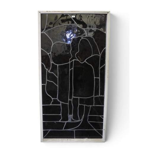 26 - A large 20th century leaded stained glass window pane in white painted frame depicting lady and gent... 