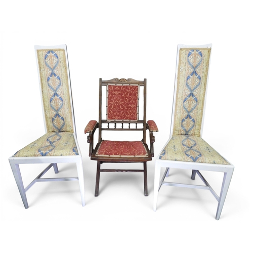 8 - A pair of early 20th century Arts & Crafts style white painted high backed hall chairs with upho... 