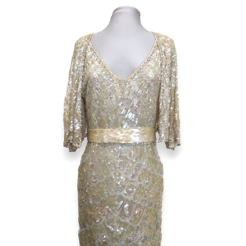 8011 - A 1930s mermaid dress embroidered with sequins in fish scale pattern with matching bolero and beltbu... 
