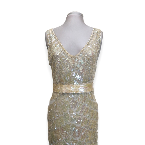 8011 - A 1930s mermaid dress embroidered with sequins in fish scale pattern with matching bolero and beltbu... 