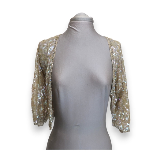 8011 - A 1930s mermaid dress embroidered with sequins in fish scale pattern with matching bolero and beltbu... 
