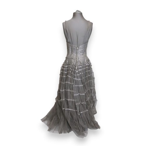 8004 - A 1950s/60s champagne damask evening gown with detachable cape train and matching belt with rhinesto... 