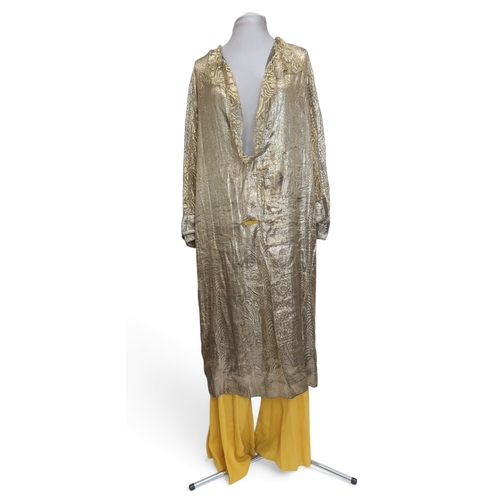 8006 - A 1920s black chiffon evening dress woven with metallic threads in floral design, with chiffon hangi... 