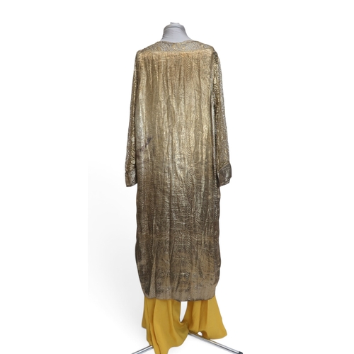 8006 - A 1920s black chiffon evening dress woven with metallic threads in floral design, with chiffon hangi... 