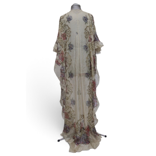 8016 - A vintage Saks Fifth Avenue champagne satin peignoir with silk flower detail, a matching set of lace... 