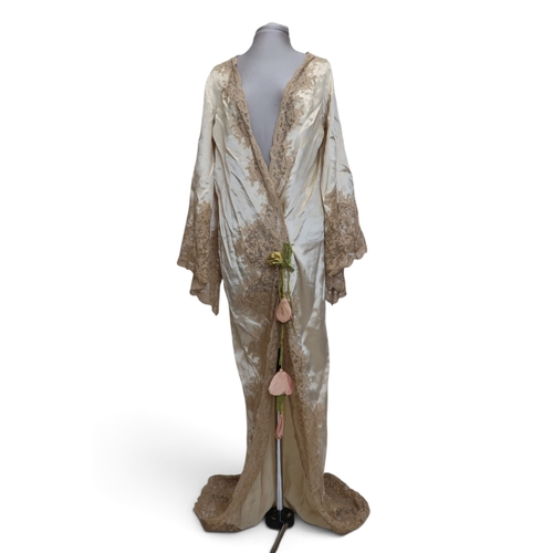 8016 - A vintage Saks Fifth Avenue champagne satin peignoir with silk flower detail, a matching set of lace... 