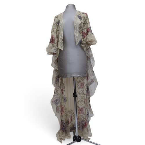 8016 - A vintage Saks Fifth Avenue champagne satin peignoir with silk flower detail, a matching set of lace... 