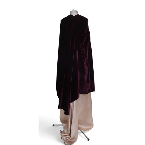 8019 - A 1930s pink silk satin evening dress with applied velvet flower corsage to the waist and a purple v... 