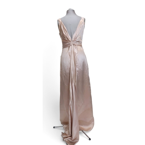 8019 - A 1930s pink silk satin evening dress with applied velvet flower corsage to the waist and a purple v... 