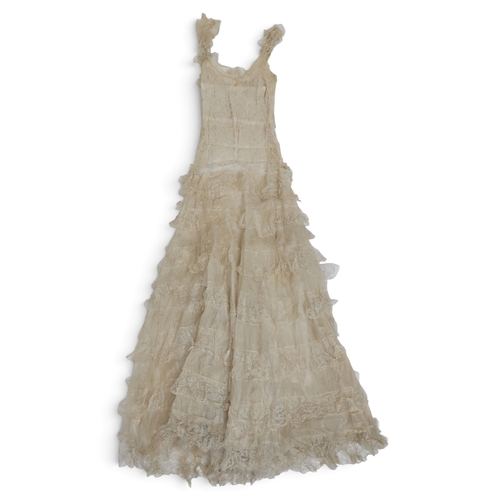 8019 - A 1930s pink silk satin evening dress with applied velvet flower corsage to the waist and a purple v... 