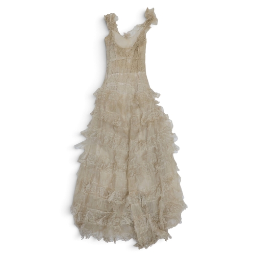 8019 - A 1930s pink silk satin evening dress with applied velvet flower corsage to the waist and a purple v... 