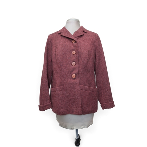 8009 - A Lachasse green wool coat, a blue tweed Lachasse jacket with brown leather collar, and a red tweed ... 