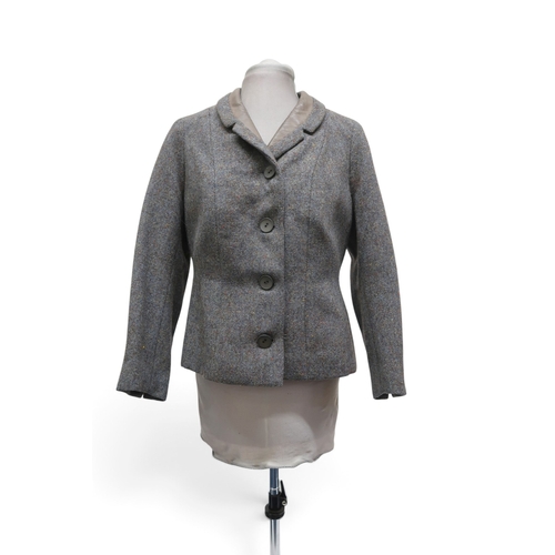 8009 - A Lachasse green wool coat, a blue tweed Lachasse jacket with brown leather collar, and a red tweed ... 