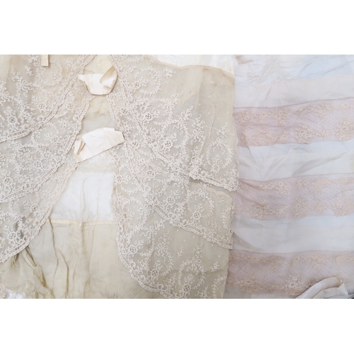 8017 - Vintage undergarments and nightwear comprising a yellow chiffon lace trimmed chemise and similar cam... 