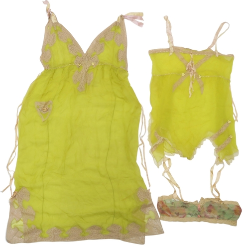 8017 - Vintage undergarments and nightwear comprising a yellow chiffon lace trimmed chemise and similar cam... 