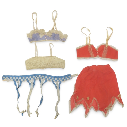 8017 - Vintage undergarments and nightwear comprising a yellow chiffon lace trimmed chemise and similar cam... 