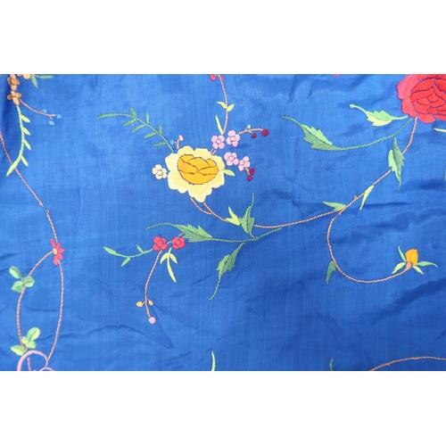 8045 - A vibrant blue Canton piano shawl embroidered with flowers and buds