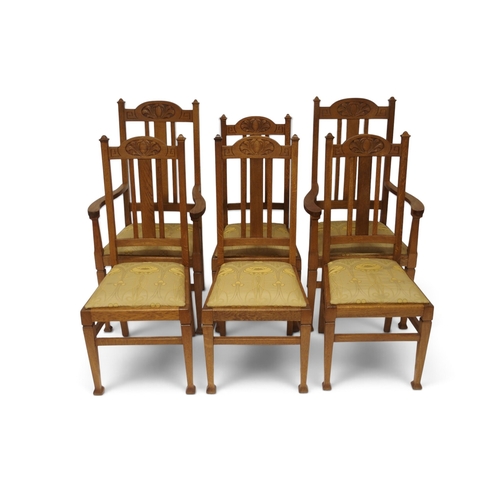 2007 - A LATE 19TH CENTURY OAK ARTS & CRAFTS DINING TABLE AND SIX CHAIRSextending dining table with sin... 