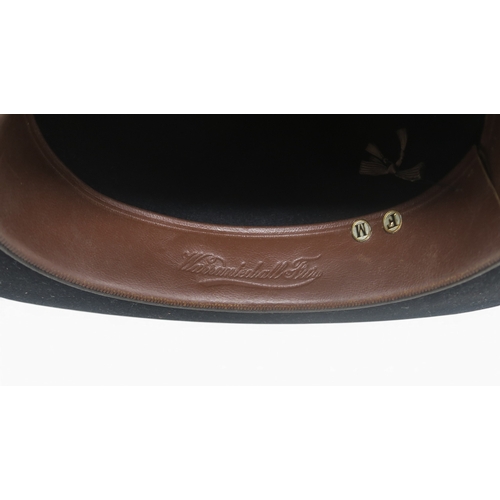 8054 - A grey moleskin top hat with black band by Cunningham & Co. Edinburgh, measuring 20.1cm front-to... 