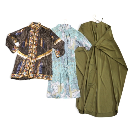 8039 - A vintage Frank Usher beaded and sequinned jacket, a green Bernat Klein dress with batwing sleeves a... 
