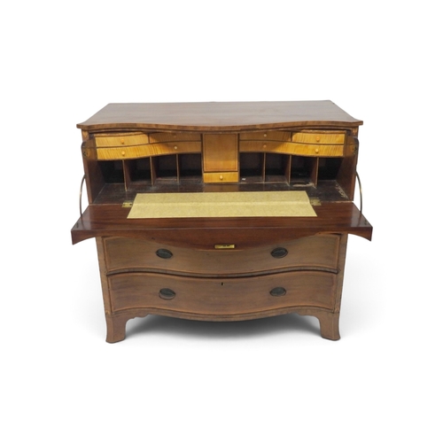 2011 - A LARGE 19TH CENTURY MAHOGANY AND SATINWOOD INLAID SERPENTINE FRONT SECRETAIRE CHEST OF DRAWERStop s... 