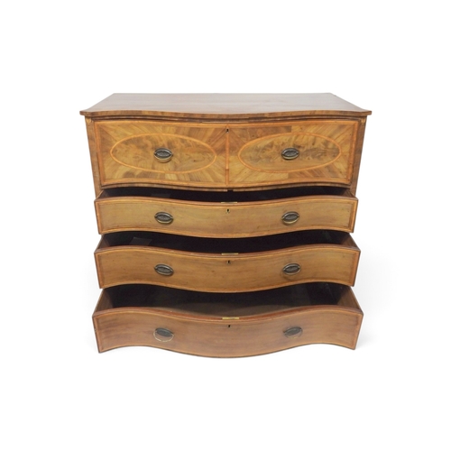 2011 - A LARGE 19TH CENTURY MAHOGANY AND SATINWOOD INLAID SERPENTINE FRONT SECRETAIRE CHEST OF DRAWERStop s... 