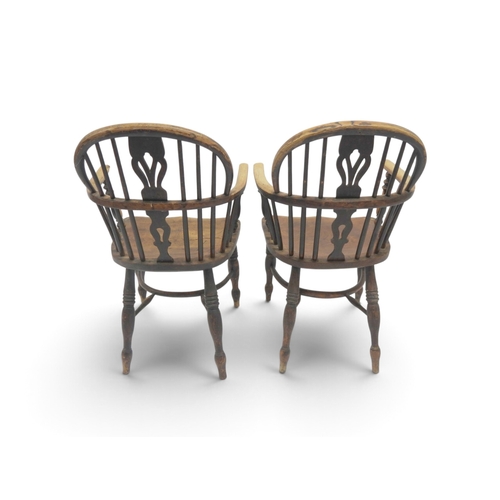 2012 - A PAIR OF 19TH ASH & ELM FRAMED WINDSOR ARMCHAIRS&nbsp;with pierced fret cut splats amongst rail... 