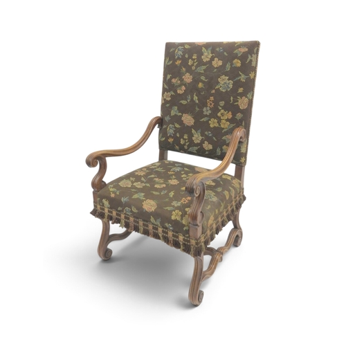 2018 - A 19TH CENTURY CONTINENTAL WALNUT FRAMED ARMCHAIR&nbsp;with floral upholstered back and seat flanked... 
