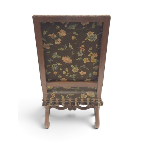 2018 - A 19TH CENTURY CONTINENTAL WALNUT FRAMED ARMCHAIR&nbsp;with floral upholstered back and seat flanked... 
