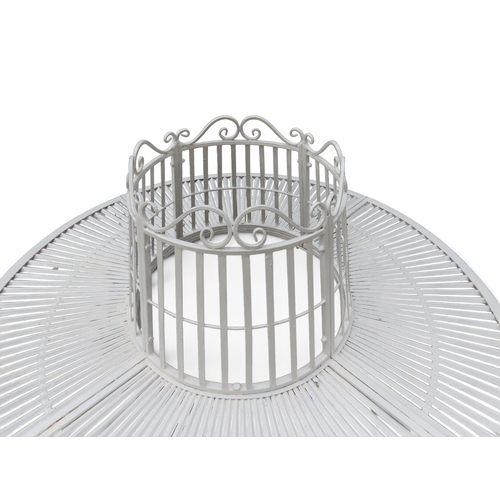 2029 - A 20TH CENTURY WHITE PAINTED CAST METAL CIRCULAR TREE SURROUND GARDEN BENCH&nbsp;with scrolled surmo... 